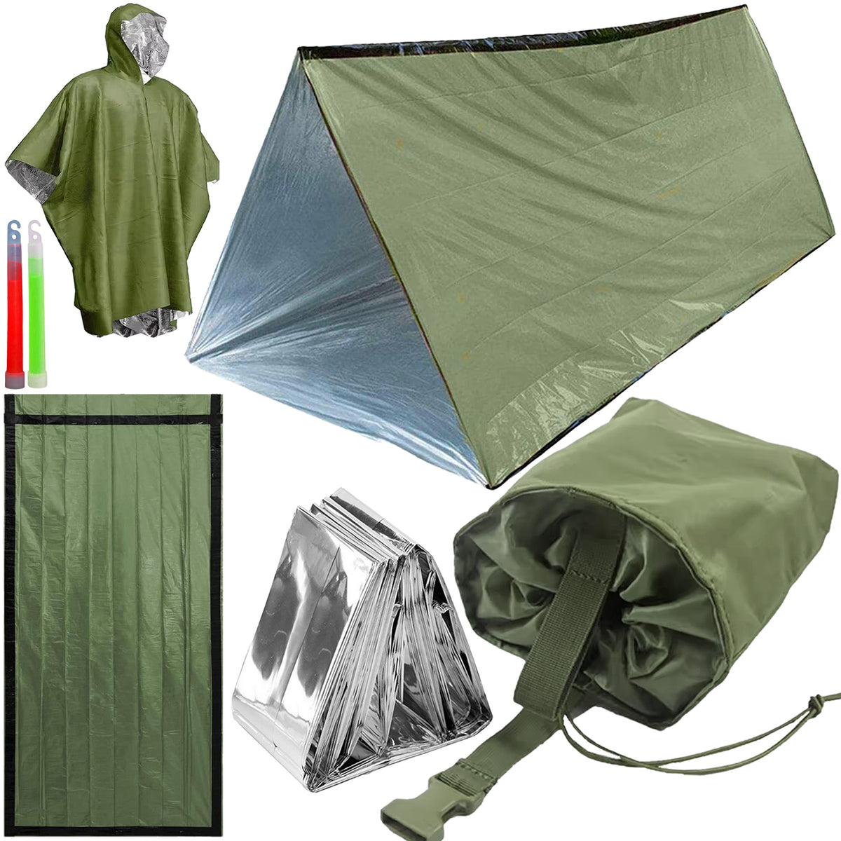 Emergency Survival & Shelter Kit | 2 Person Tube Tent, Bivvy, Poncho & Blanket